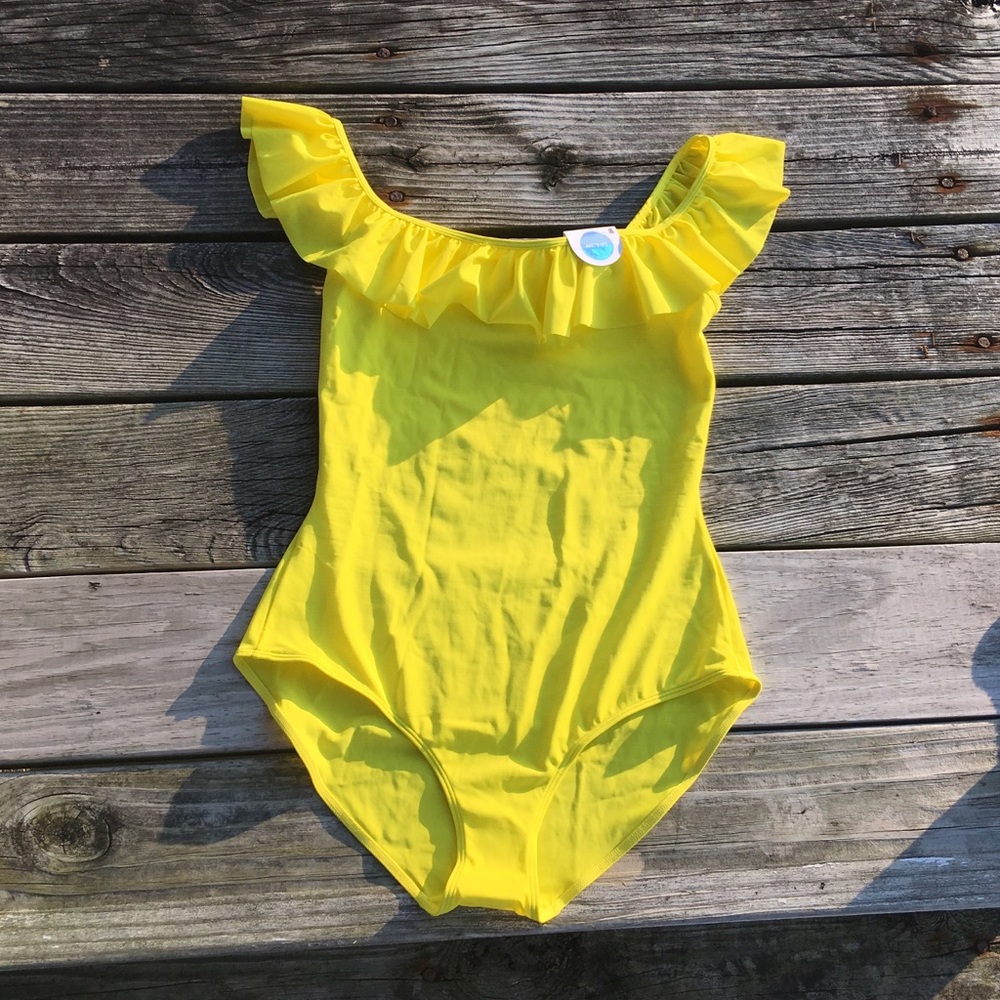 Asos Monki Ruffle Off shoulder yellow one piece swimsuit M medium - Picture 4 of 8